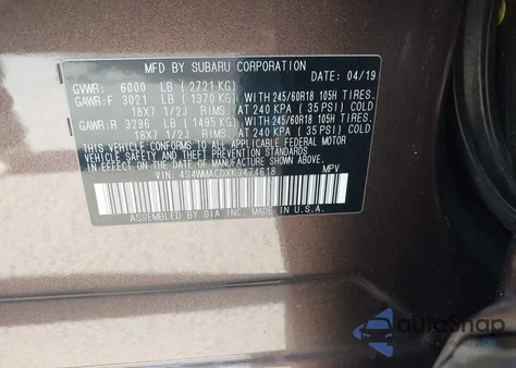 2019 Subaru Ascent Premium z USA, uszkodzony, nr VIN 4S4WMACDXK3474618